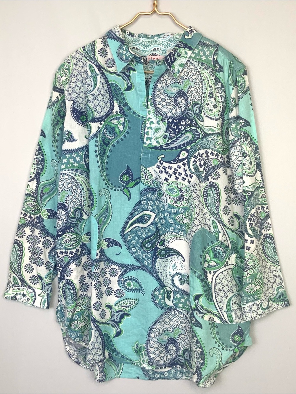 Tizzie Oversized‎ Small Blue Paisley Pocket Linen Cotton Coastal Tunic Top
